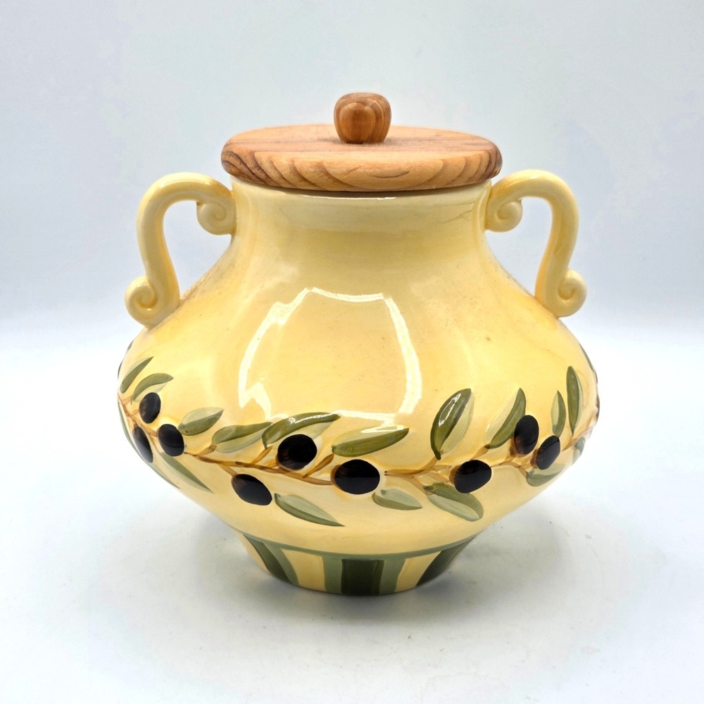 VINTAGE Clay Art Oliva Rustica Double Handle Ceramic Canister Olive Branch